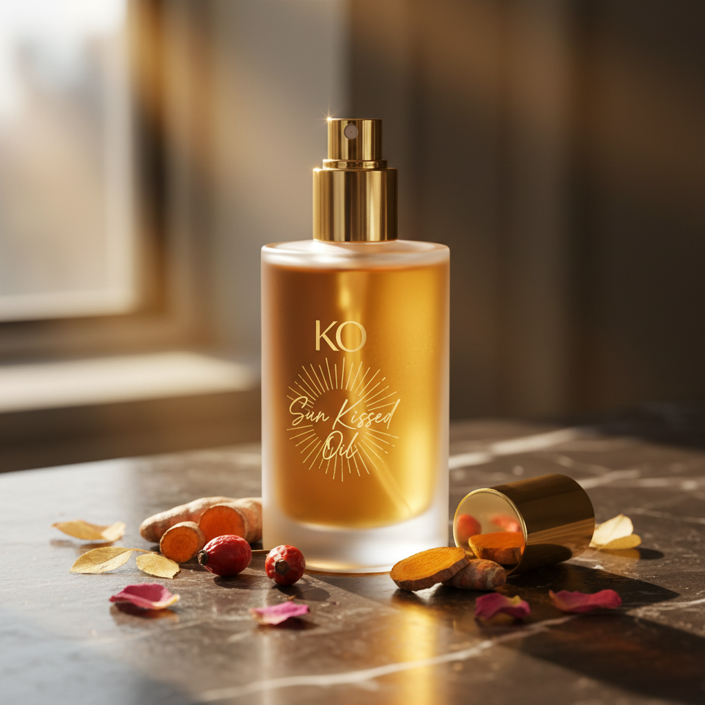 Sun Kissed Oil - Frosted glass bottle with gold spray top by Kinky Organics